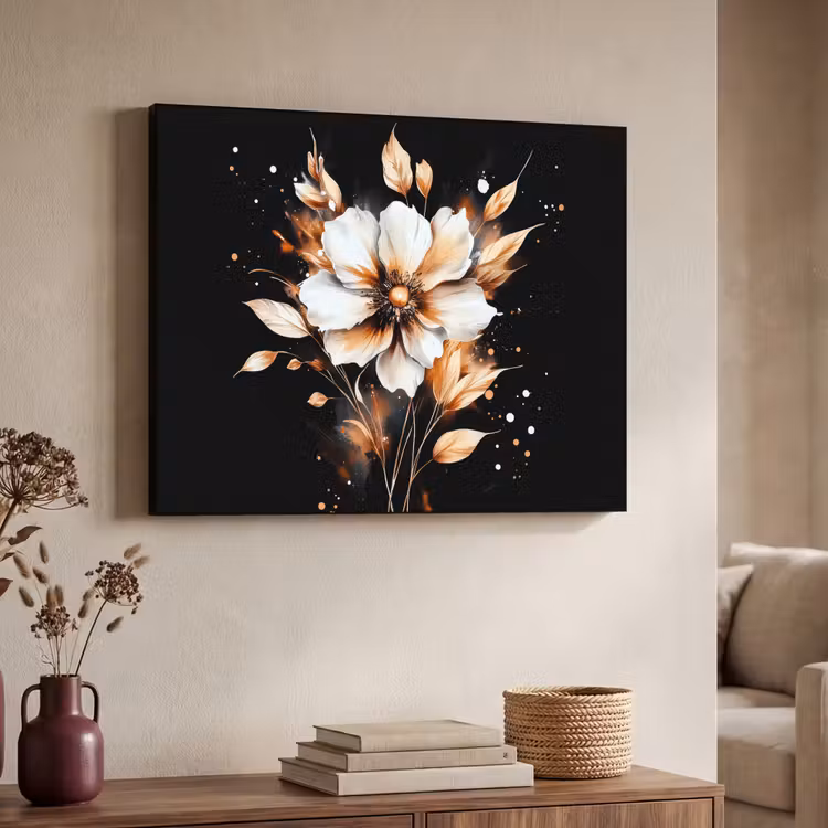 Bloem - Verf - Goud - Graffiti - Modern Textielframe zwart klein -sfeer3