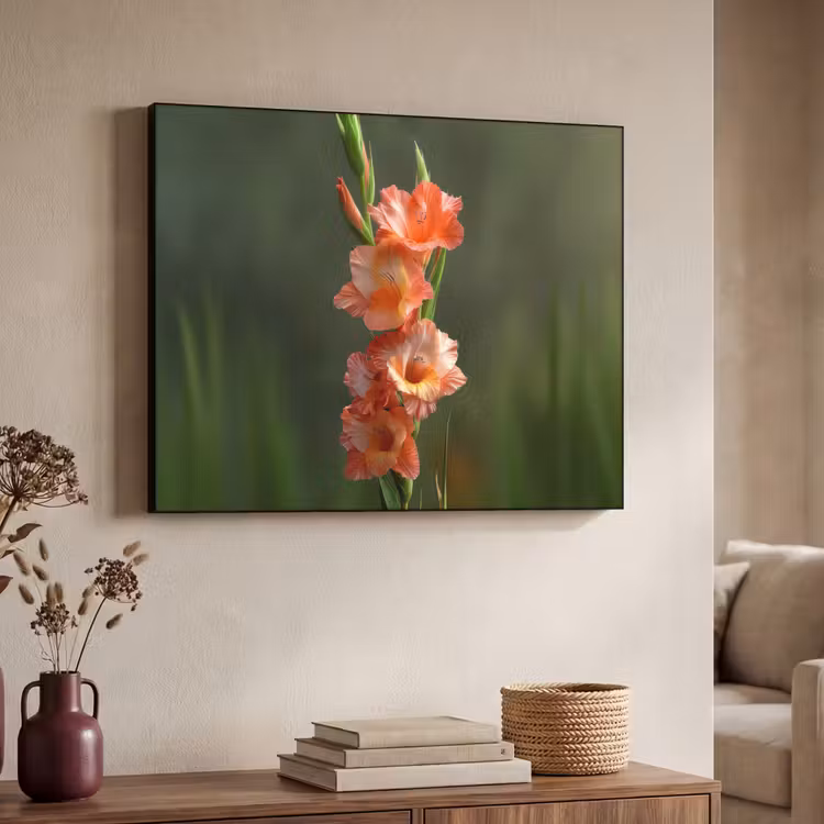 Bloem - Gladiolen - Zalmroze Textielframe - compleet frame klein -sfeer3