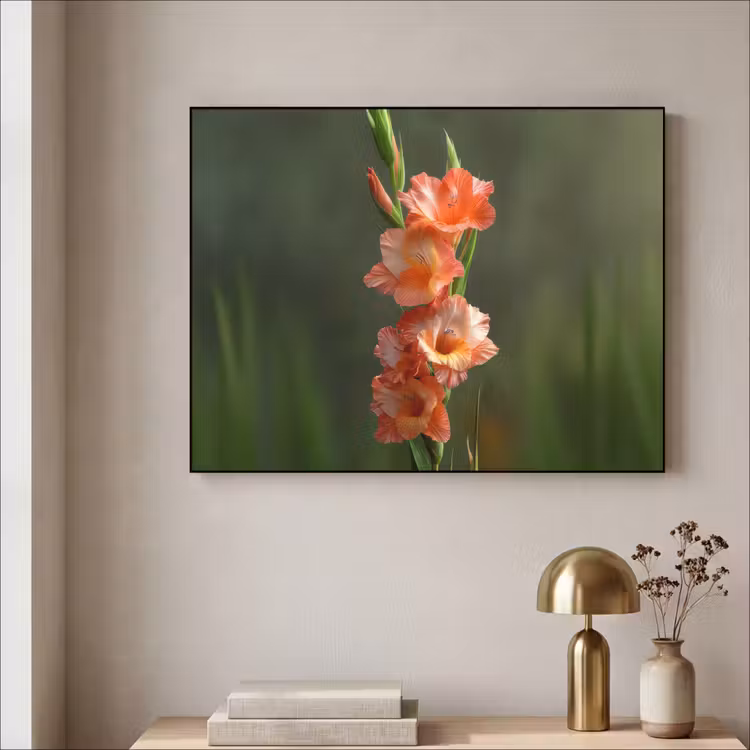 Bloem - Gladiolen - Zalmroze Textielframe zwart klein -sfeer2