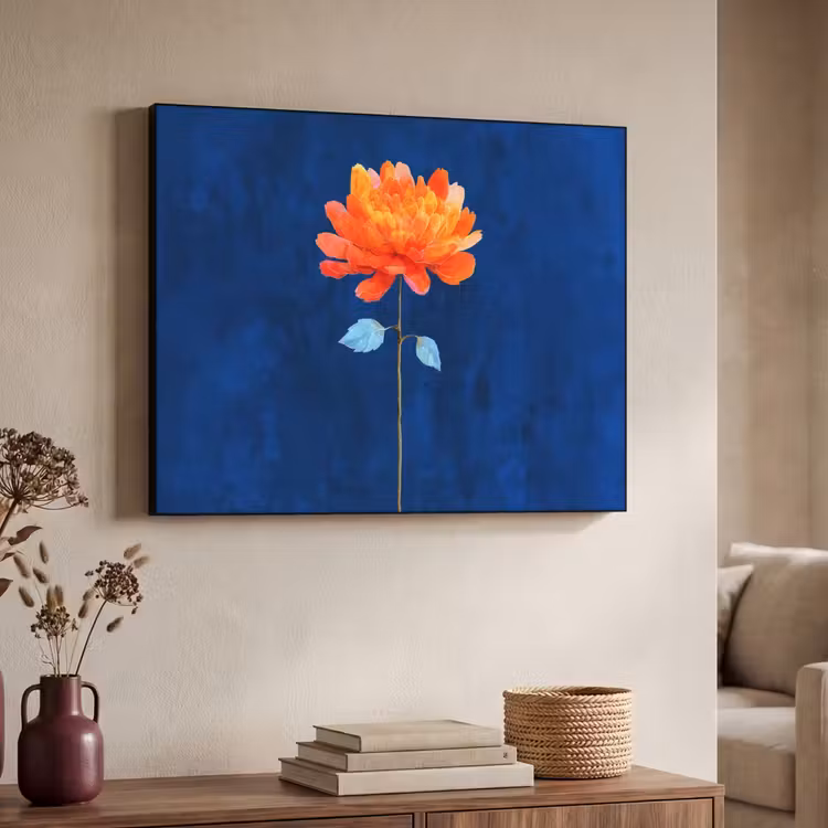 Bloem - Oranje - Bladeren Textielframe zwart klein -sfeer3