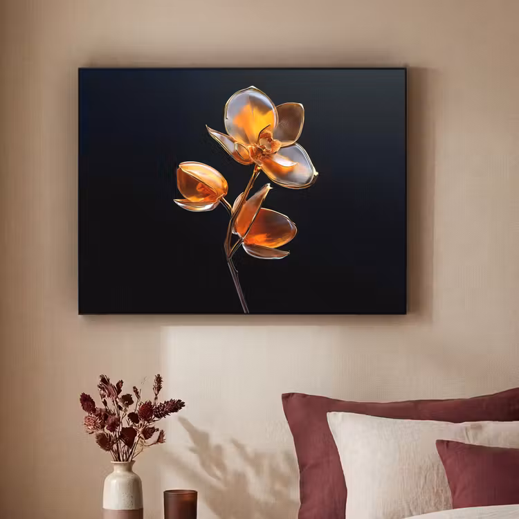 Bloem - Orchidee - Oranje Textielframe zwart klein -sfeer1