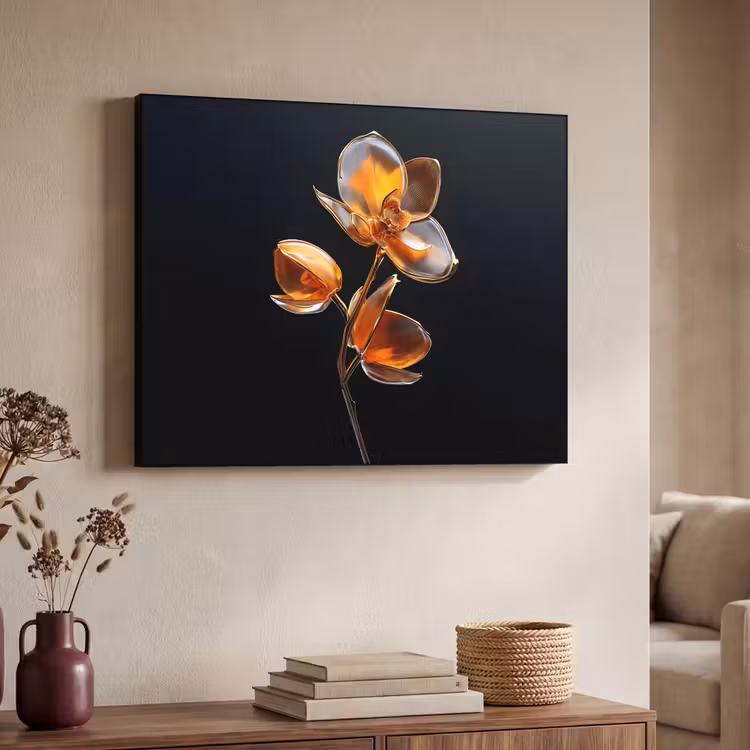 Bloem - Orchidee - Oranje Textielframe zwart klein -sfeer3