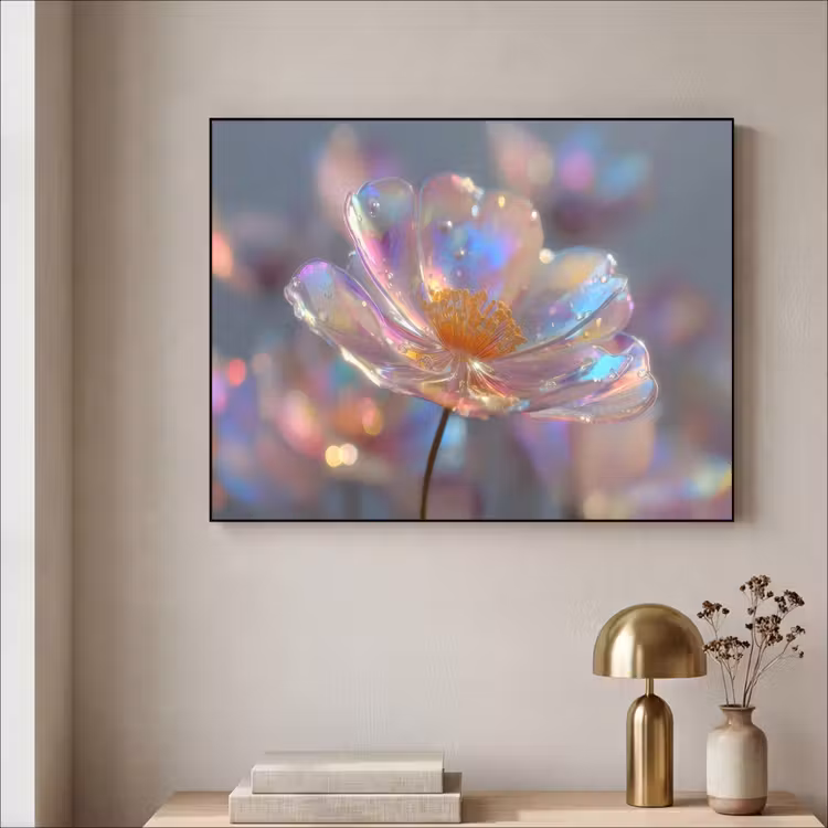 Bloem - Transparant - Pastelkleuren - Druppels Textielframe - compleet frame klein -sfeer2