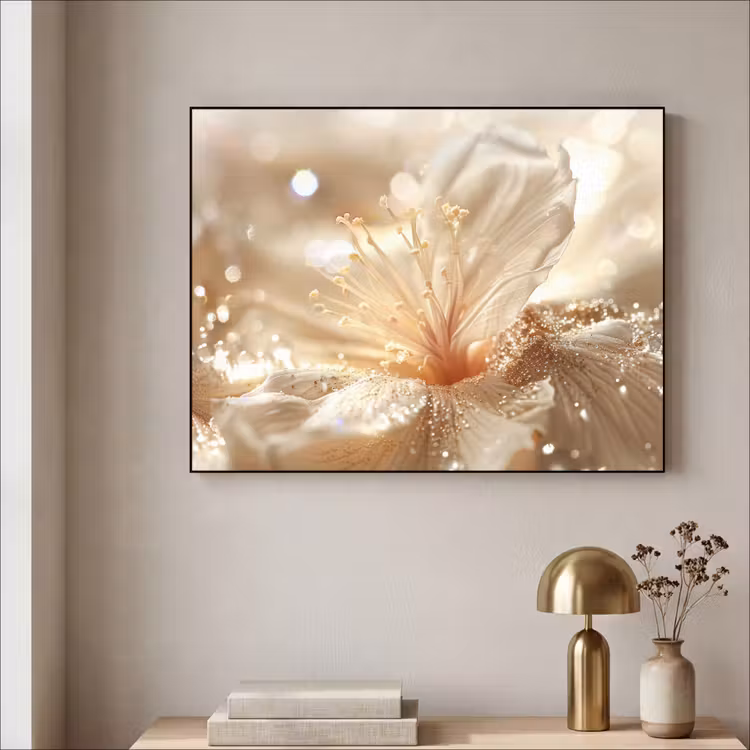 Bloem - Wit - Glitter - Goud - Modern Textielframe zwart klein -sfeer2