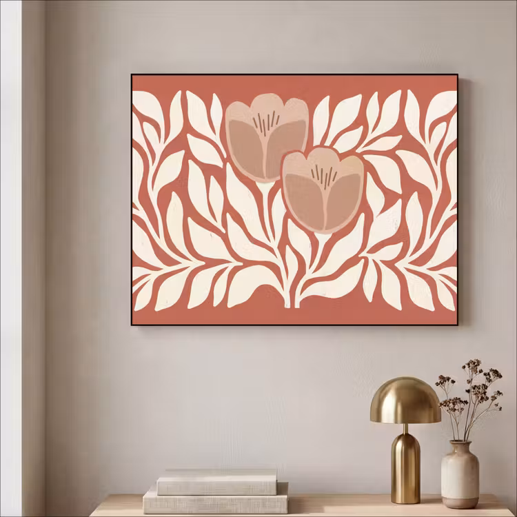 Bloemen - Abstract - Modern - Beige - Natuur Textielframe zwart klein -sfeer2