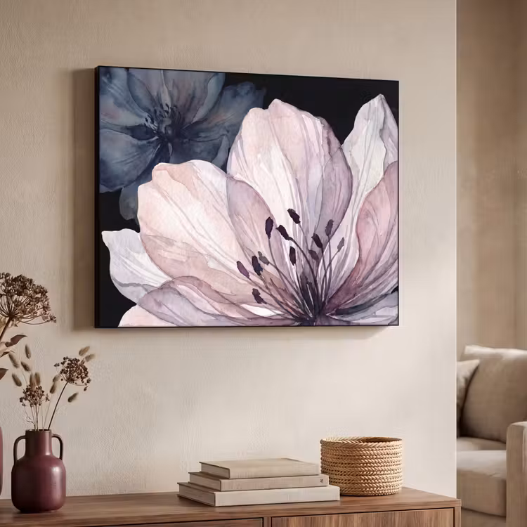 Bloemen - Aquarel - Modern - Roze - Donker Textielframe zwart klein -sfeer3