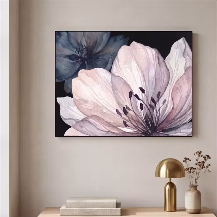 Bloemen - Aquarel - Modern - Roze - Donker Textielframe zwart klein -sfeer2