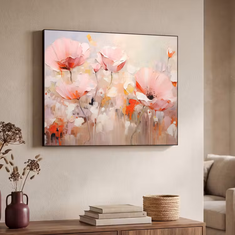 Bloemen - Watercolor - Roze - Abstract - Kunst Textielframe zwart klein -sfeer3