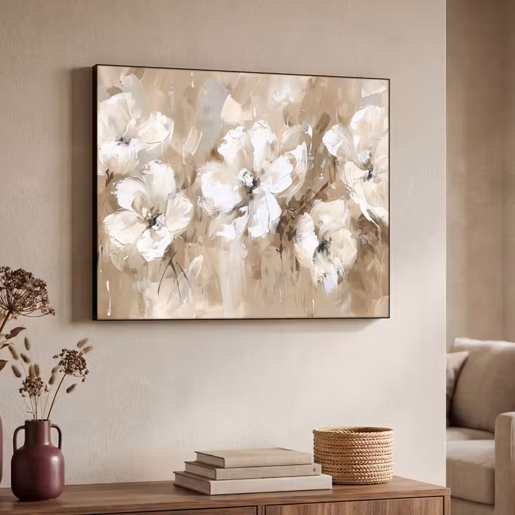 Bloemen - Beige - Abstract - Modern Textielframe zwart klein -sfeer3