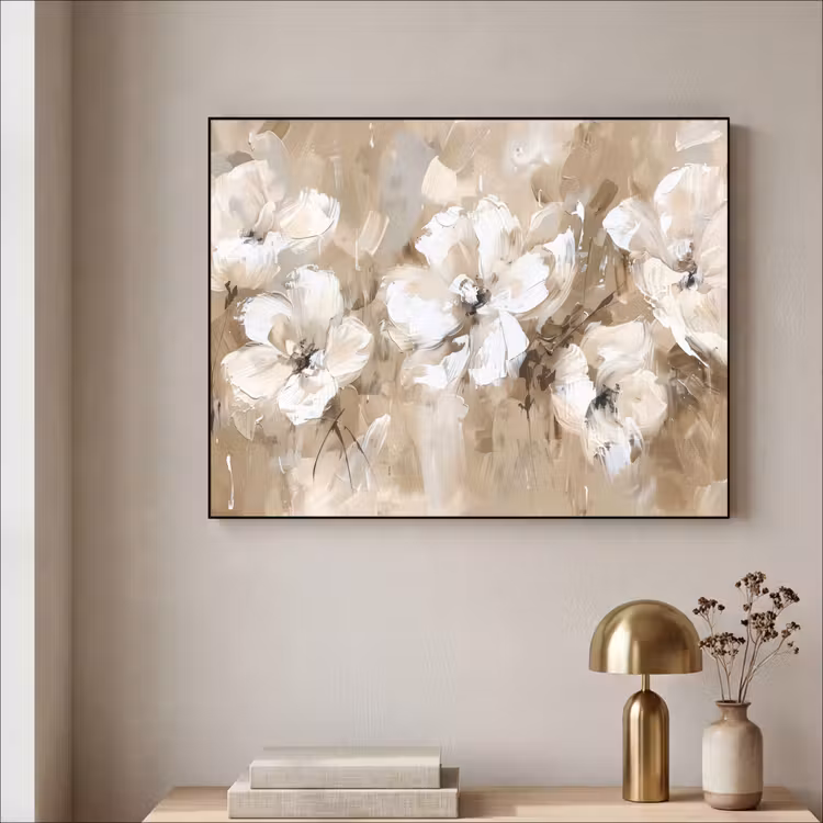 Bloemen - Beige - Abstract - Modern Textielframe zwart klein -sfeer2