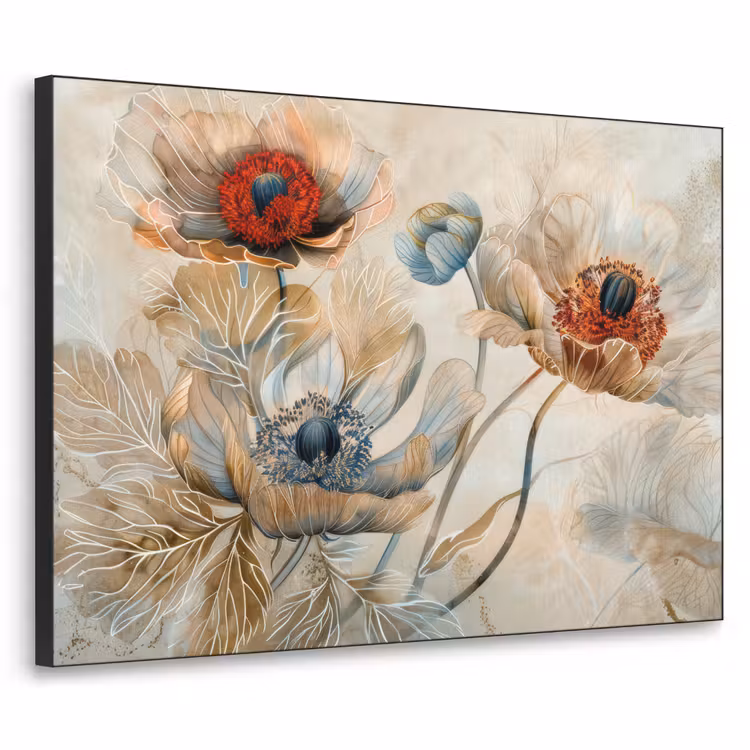 Bloemen - Beige - Modern - Illustratie Textielframe - compleet frame klein -3d