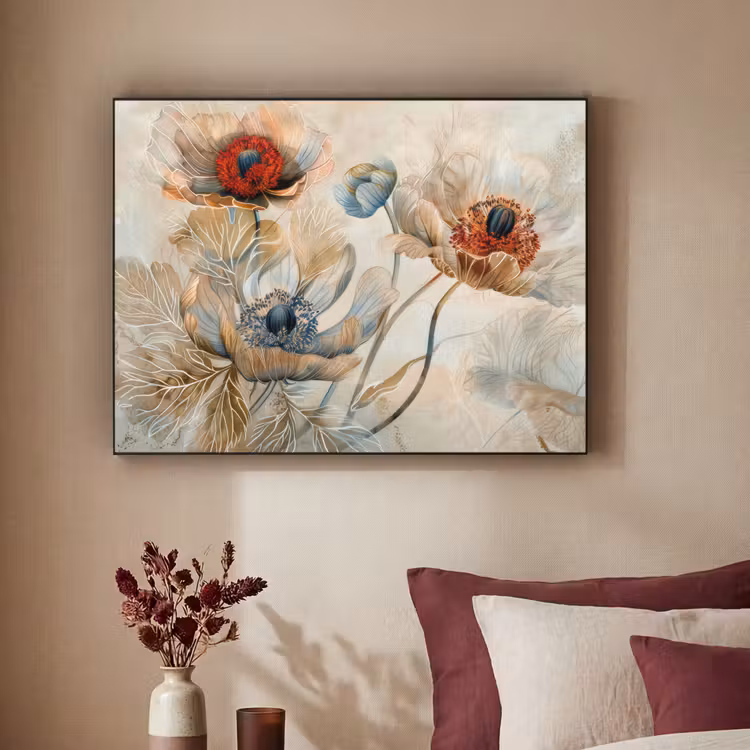 Bloemen - Beige - Modern - Illustratie Textielframe - compleet frame klein -sfeer1