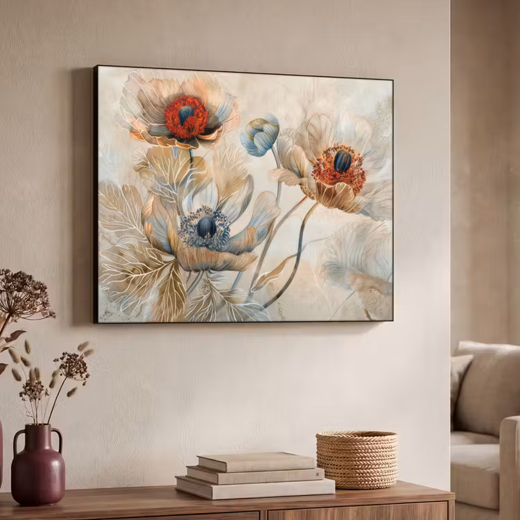 Bloemen - Beige - Modern - Illustratie Textielframe - compleet frame klein -sfeer3