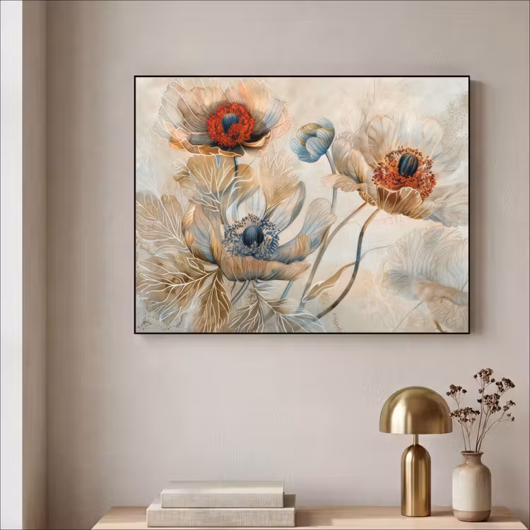 Bloemen - Beige - Modern - Illustratie Textielframe - compleet frame klein -sfeer2