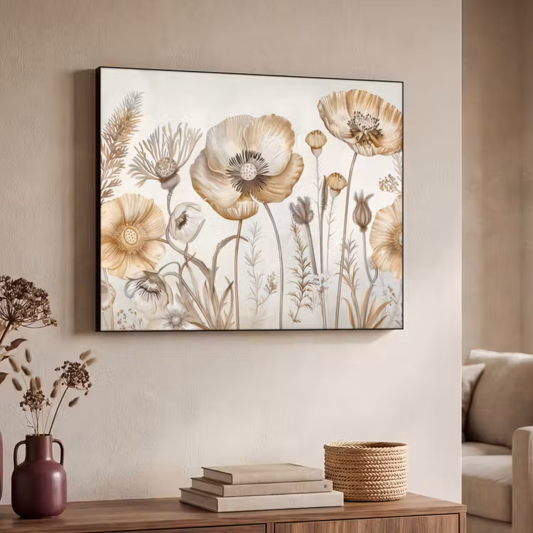 Bloemen - Beige - Natuur - Illustratie Textielframe zwart klein -sfeer3