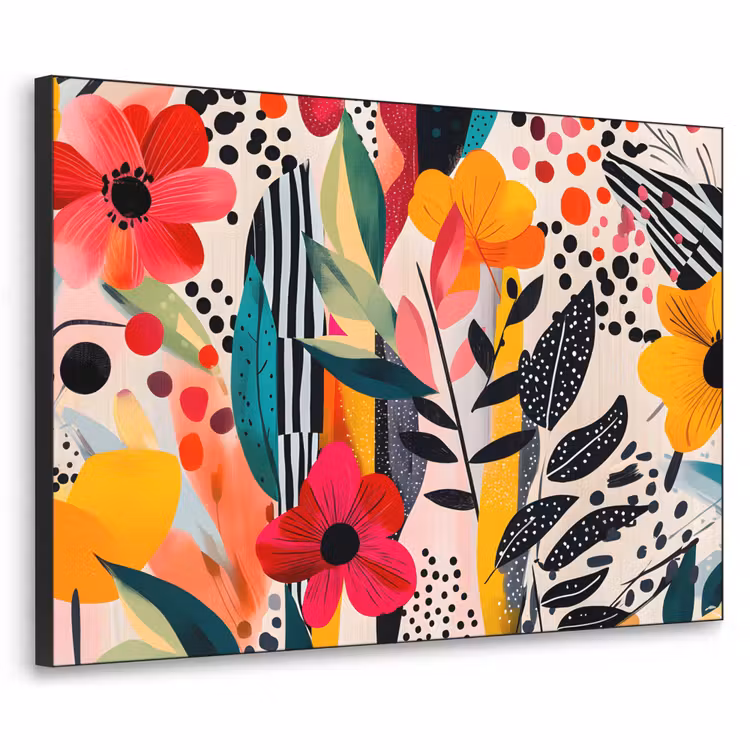 Bloemen - Bladeren - Abstract - Kleurrijk Textielframe zwart klein -3d