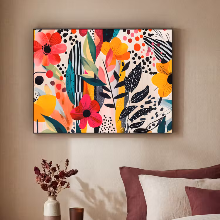 Bloemen - Bladeren - Abstract - Kleurrijk Textielframe zwart klein -sfeer1