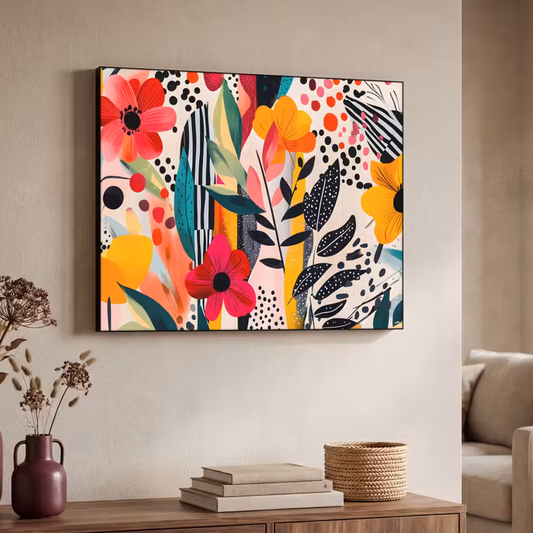Bloemen - Bladeren - Abstract - Kleurrijk Textielframe - compleet frame klein -sfeer3