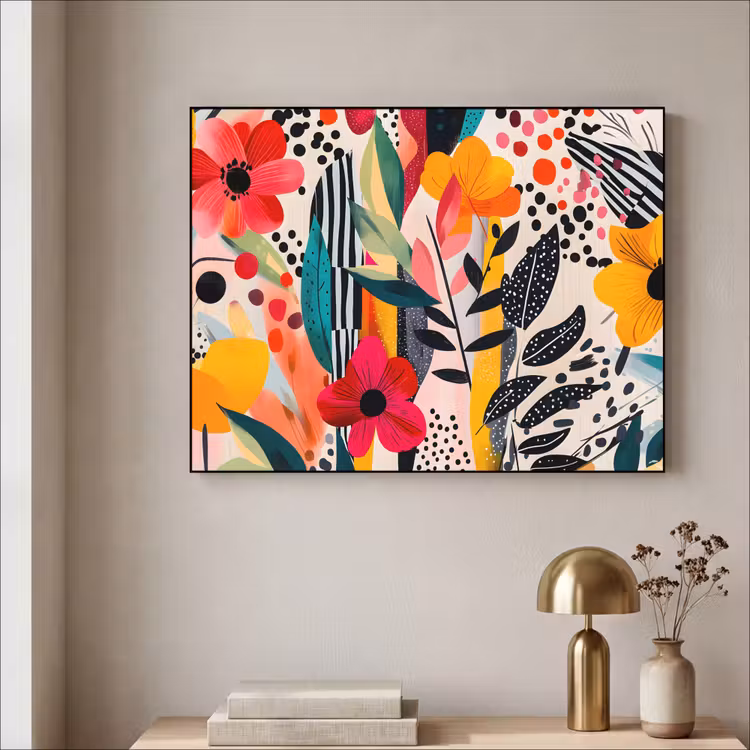 Bloemen - Bladeren - Abstract - Kleurrijk Textielframe zwart klein -sfeer2