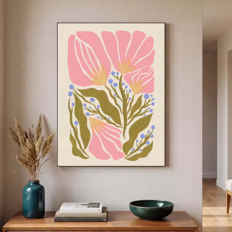 Bloemen - Bladeren - Abstract - Roze Textielframe zwart klein -sfeer1