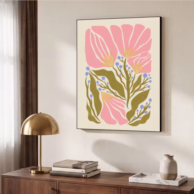 Bloemen - Bladeren - Abstract - Roze Textielframe zwart klein -sfeer3