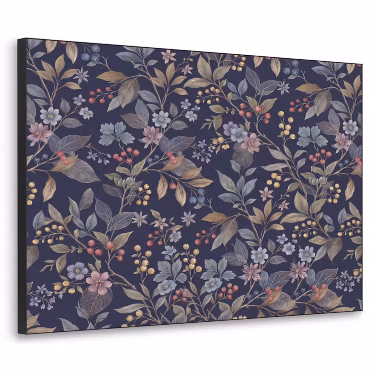 Bloemen - Bladeren - Patroon - Botanisch - Donkerblauw Textielframe zwart klein -3d