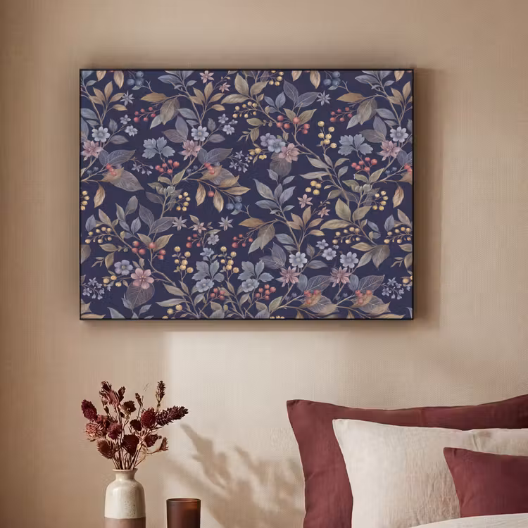 Bloemen - Bladeren - Patroon - Botanisch - Donkerblauw Textielframe zwart klein -sfeer1