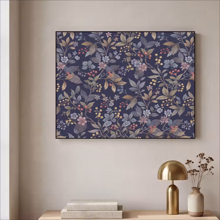 Bloemen - Bladeren - Patroon - Botanisch - Donkerblauw Textielframe zwart klein -sfeer2