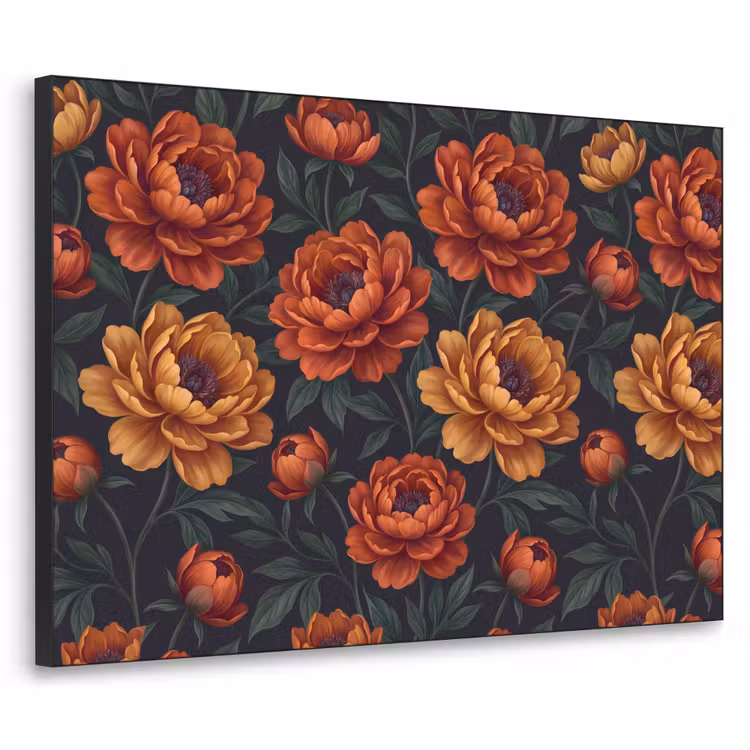 Bloemen - Bladeren - Natuur - Modern - Oranje Textielframe zwart klein -3d