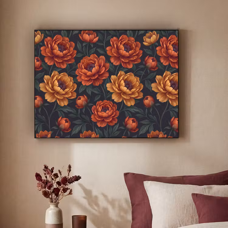 Bloemen - Bladeren - Natuur - Modern - Oranje Textielframe zwart klein -sfeer1