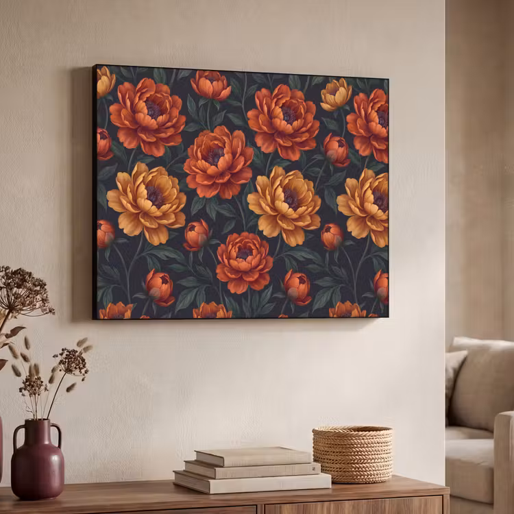 Bloemen - Bladeren - Natuur - Modern - Oranje Textielframe zwart klein -sfeer3