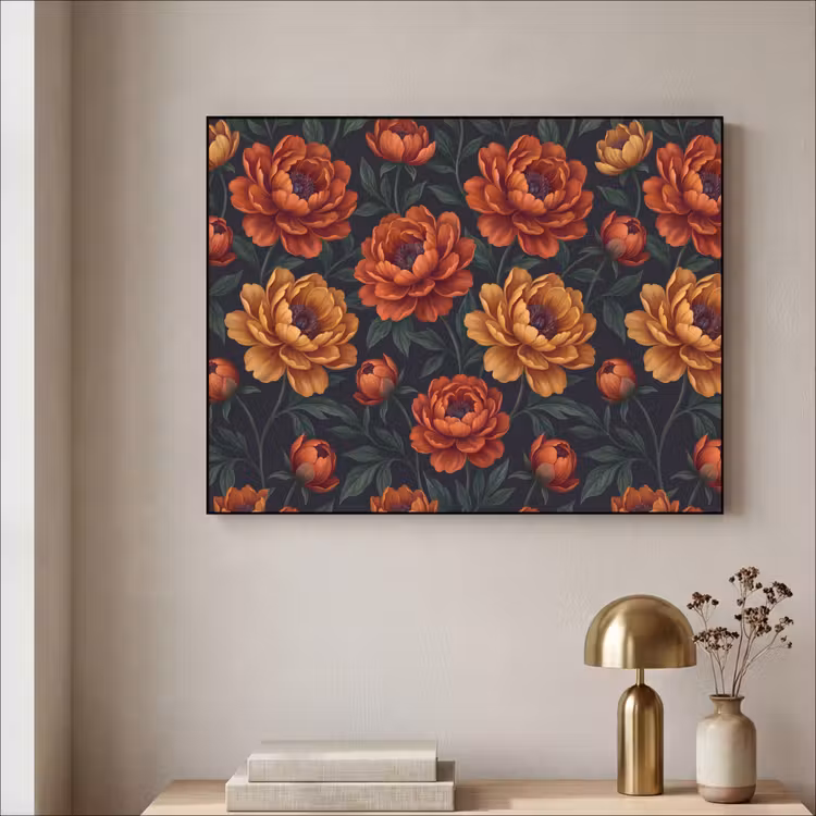 Bloemen - Bladeren - Natuur - Modern - Oranje Textielframe zwart klein -sfeer2