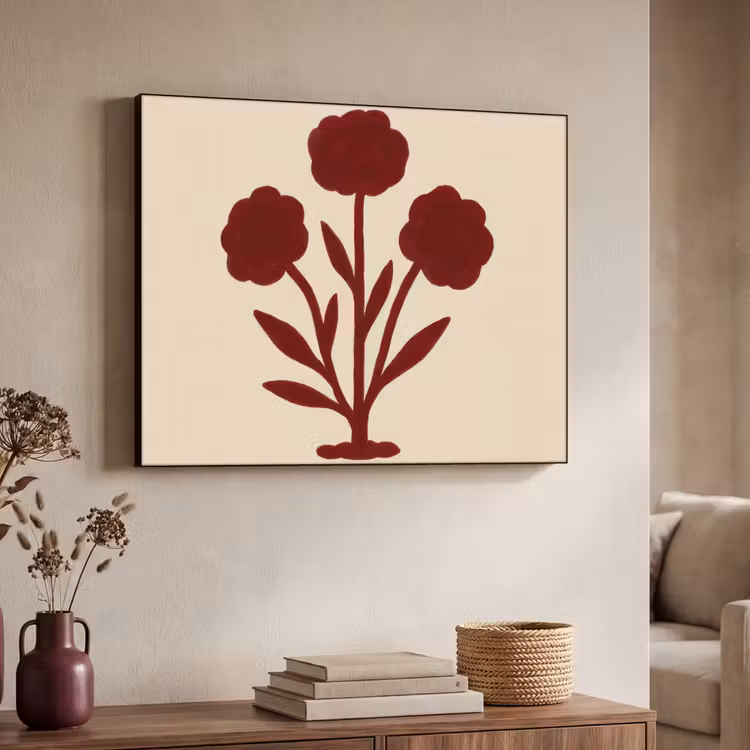 Bloemen - Bladeren - Rood - Minimalistisch Textielframe - compleet frame klein -sfeer3