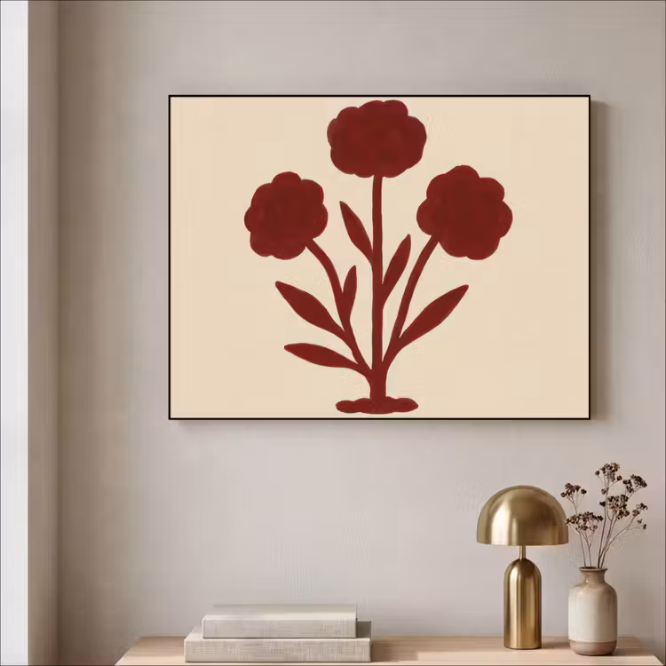 Bloemen - Bladeren - Rood - Minimalistisch Textielframe - compleet frame klein -sfeer2