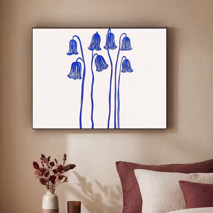 Bloemen - Blauw - Lijnen - Bloemblaadjes Textielframe - compleet frame klein -sfeer1