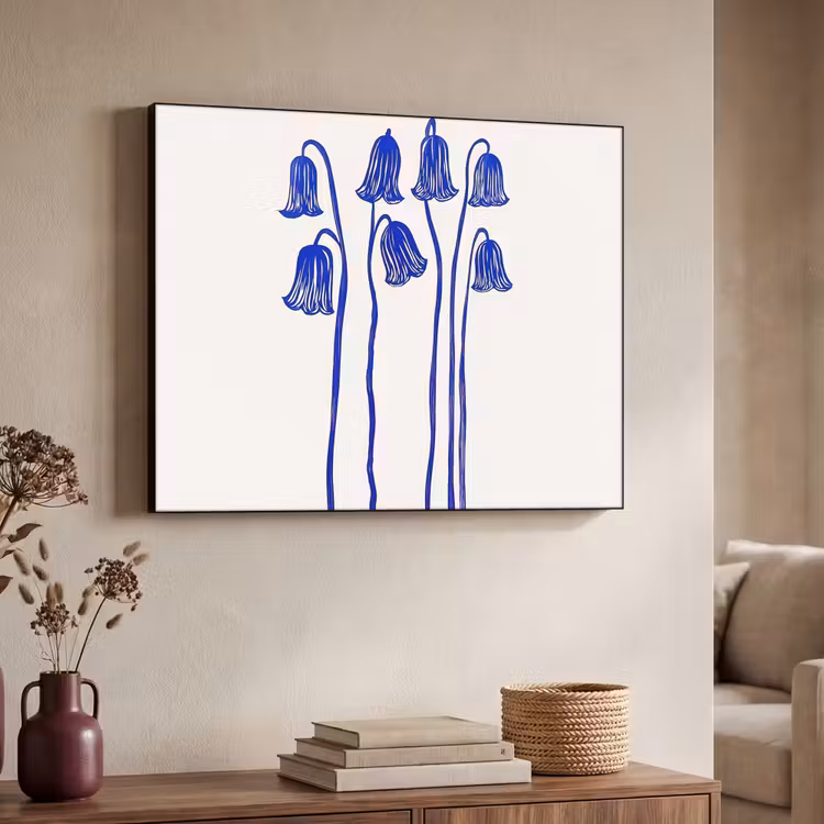 Bloemen - Blauw - Lijnen - Bloemblaadjes Textielframe - compleet frame klein -sfeer3
