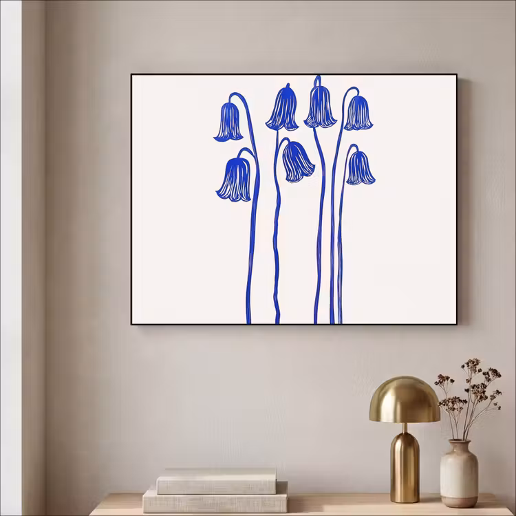 Bloemen - Blauw - Lijnen - Bloemblaadjes Textielframe zwart klein -sfeer2