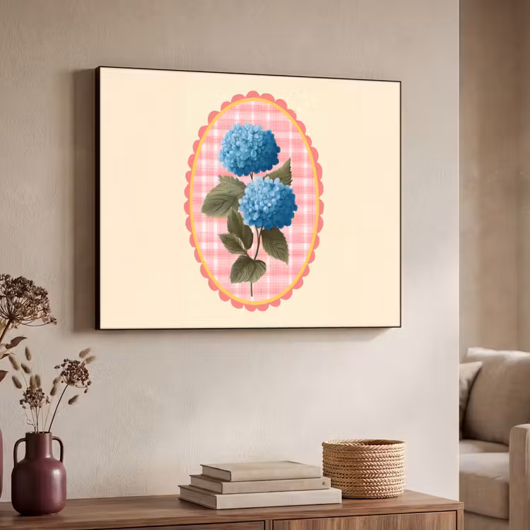 Bloemen - Blauw - Lijst - Bladeren Textielframe - compleet frame klein -sfeer3