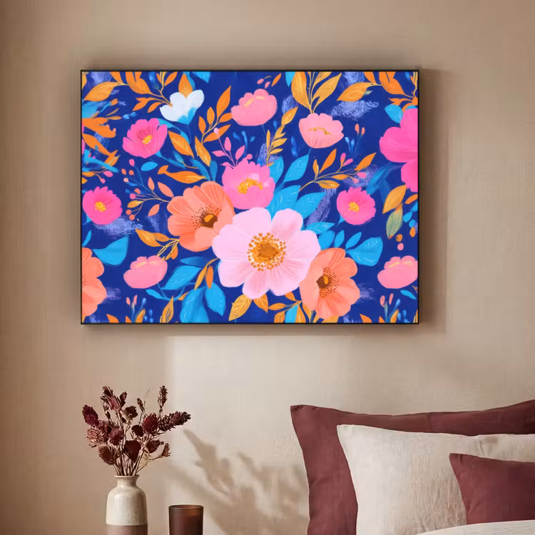Bloemen - Blauw - Roze Textielframe - compleet frame klein -sfeer1