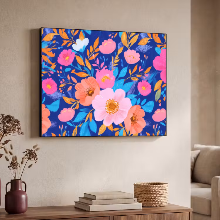 Bloemen - Blauw - Roze Textielframe - compleet frame klein -sfeer3