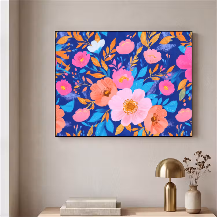 Bloemen - Blauw - Roze Textielframe zwart klein -sfeer2