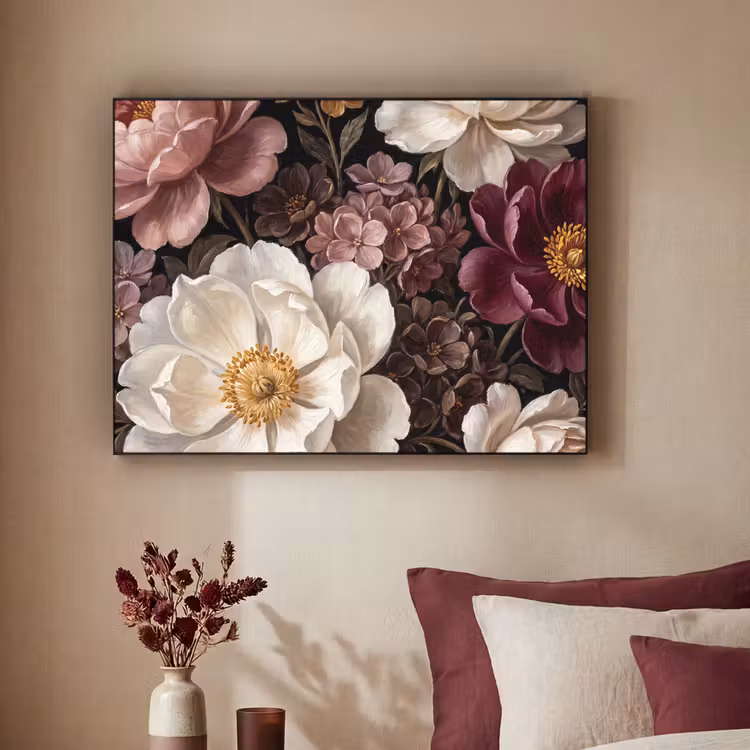 Bloemen - Boeket - Klassiek - Donker - Rood Textielframe zwart klein -sfeer1