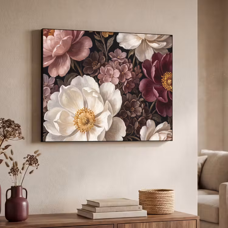 Bloemen - Boeket - Klassiek - Donker - Rood Textielframe zwart klein -sfeer3