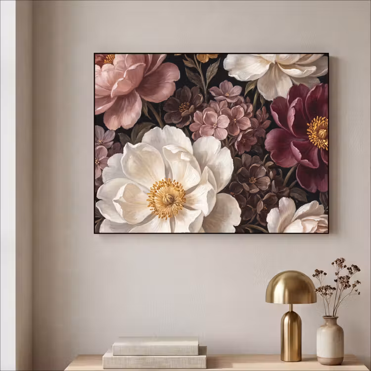 Bloemen - Boeket - Klassiek - Donker - Rood Textielframe zwart klein -sfeer2