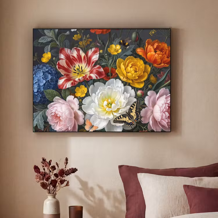 Bloemen - Boeket - Klassiek - Kleurrijk - Natuur Textielframe zwart klein -sfeer1