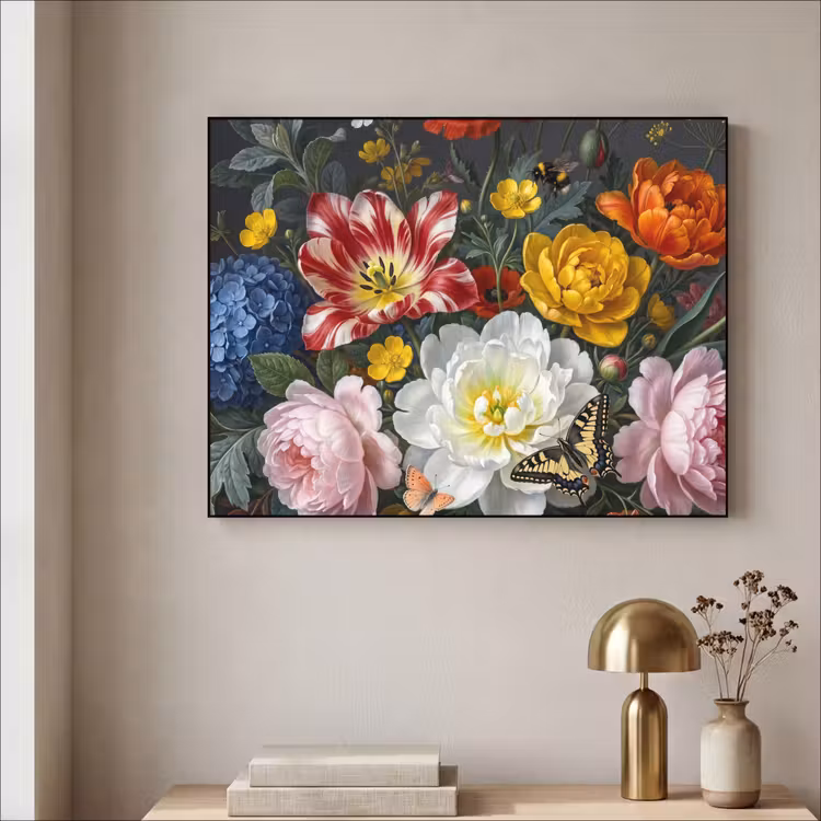 Bloemen - Boeket - Klassiek - Kleurrijk - Natuur Textielframe zwart klein -sfeer2