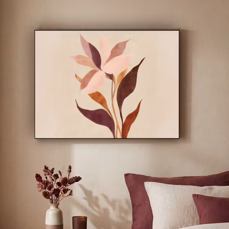Bloemen - Blaadjes - Minimalistisch - Roze Textielframe - compleet frame klein -sfeer1