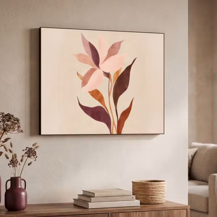 Bloemen - Blaadjes - Minimalistisch - Roze Textielframe - compleet frame klein -sfeer3