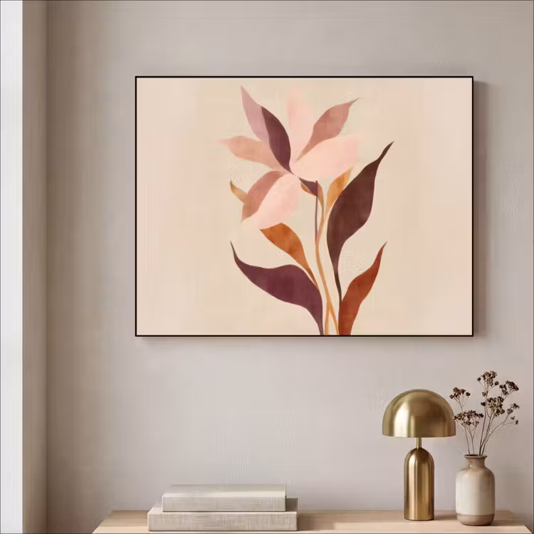 Bloemen - Blaadjes - Minimalistisch - Roze Textielframe - compleet frame klein -sfeer2