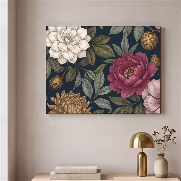 Bloemen - Botanisch - Illustratie - Donker - Vintage Textielframe zwart klein -sfeer2